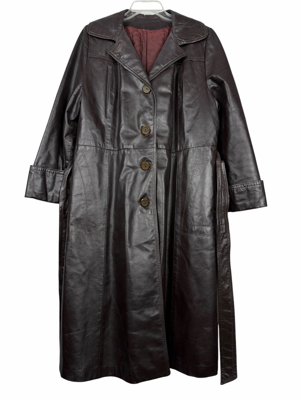 Vintage Leather Chocolate Brown Belted Retro Button Trench Coat